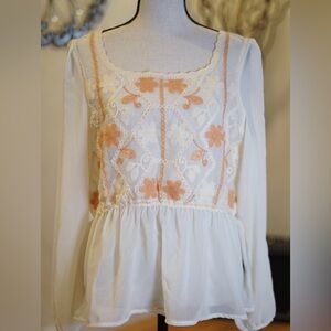 La Seine Embroidered Boho Ivory Babydoll Blouse Top M/L NWT Cottagecore Bohemian